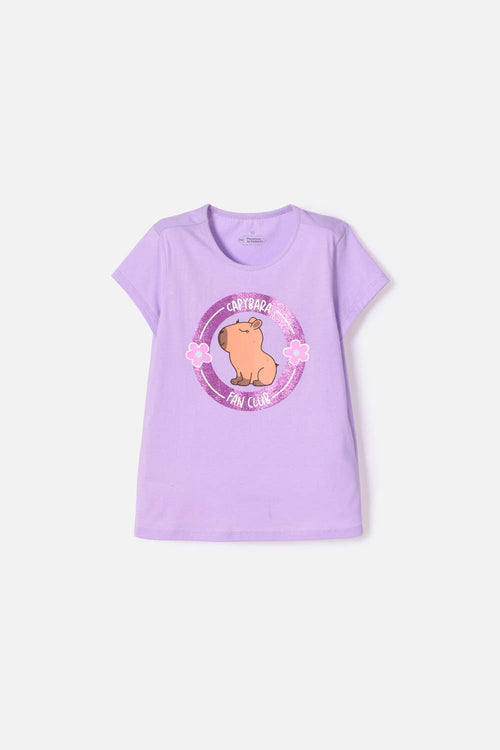 CAMISETA DE CAPYBARA MANGA CORTA VIOLETA PARA NIÑA