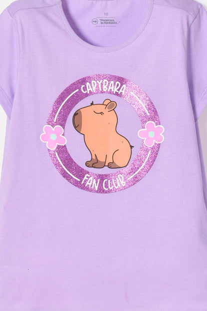 CAMISETA DE CAPYBARA MANGA CORTA VIOLETA PARA NIÑA