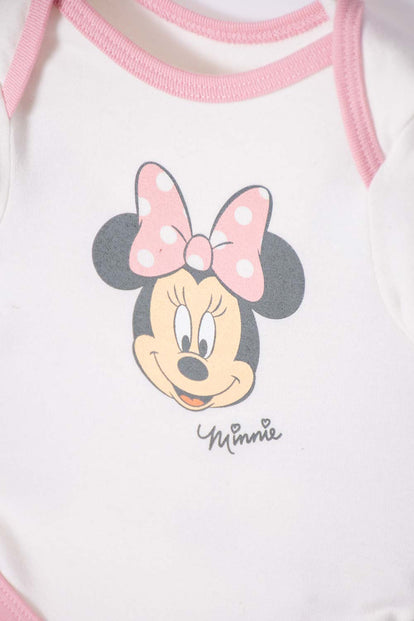 SET PRIMER DÍA DE MINNIE MOUSE MARFIL Y ROSADO ESTAMPADO PARA BEBÉ NIÑA