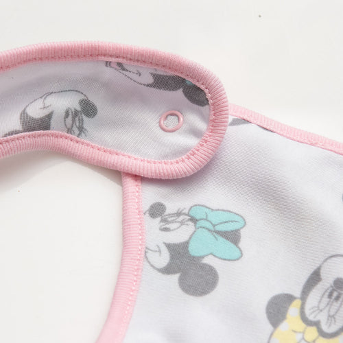 Card slide image -  BABEROS X2 DE MINNIE MOUSE CON BROCHE AJUSTABLE ROSADO Y BLANCO PARA BEBÉ NIÑA