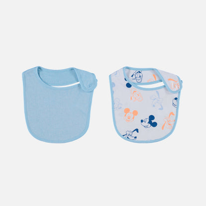 DÚO BABEROS DE MICKEY MOUSE CON BROCHE AJUSTABLE AZUL Y BLANCO PARA BEBÉ NIÑO
