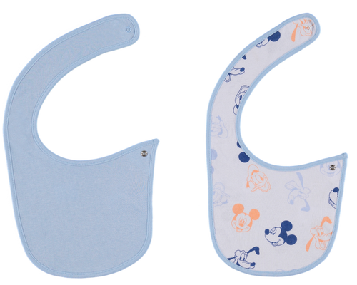 DÚO BABEROS DE MICKEY MOUSE CON BROCHE AJUSTABLE AZUL Y BLANCO PARA BEBÉ NIÑO