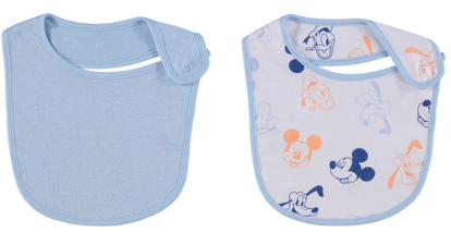 DÚO BABEROS DE MICKEY MOUSE CON BROCHE AJUSTABLE AZUL Y BLANCO PARA BEBÉ NIÑO