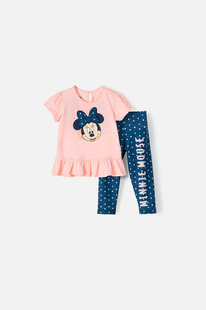 CONJUNTO DE MINNIE MOUSE CON PANTALÓN PALO DE ROSA Y AZUL PARA BEBÉ NIÑA