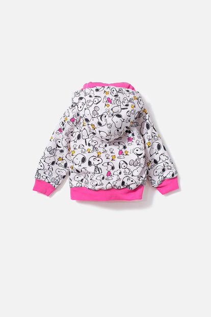 CHAQUETA DE SNOOPY CON CAPUCHA MARFIL Y ROSADA PARA NIÑA 2T A 5T