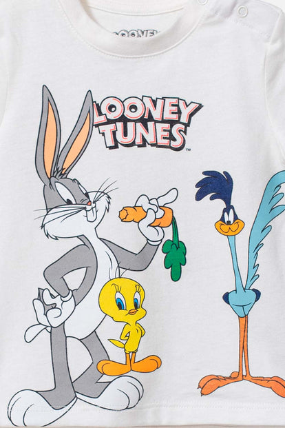 CONJUNTO DE LOONEY TUNES CON PANTALÓN MARFIL Y AZUL BEBÉ UNISEX