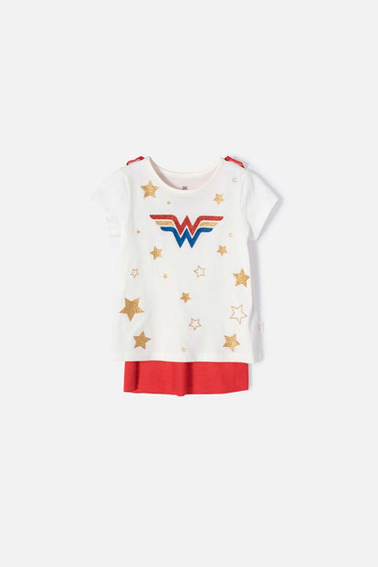 CAMISETA DE LA MUJER MARAVILLA MARFIL MANGA CORTA PARA NIÑA 2T A 5T