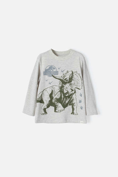 CAMISETA DE JURASSIC WORLD GRIS JASPE MANGA LARGA PARA NIÑO 2T A 5T