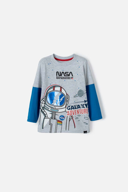  CAMISETA NASA MANGA LARGA GRIS JASPE Y AZUL PARA NIÑO 2T A 5T