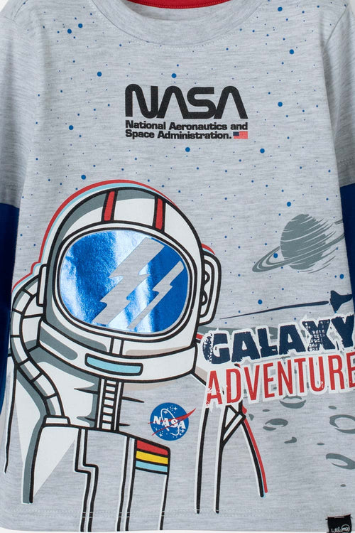 Card slide image -  CAMISETA NASA MANGA LARGA GRIS JASPE Y AZUL PARA NIÑO 2T A 5T
