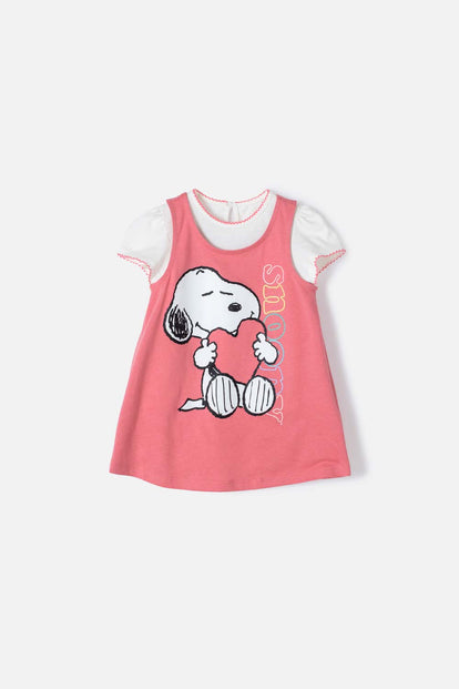  VESTIDO DE SNOOPY DE MANGA CORTA  MARFIL Y ROSADO PARA BEBÉ NIÑA