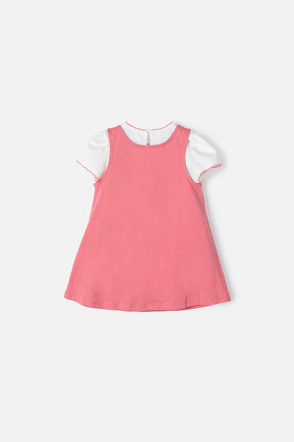 VESTIDO DE SNOOPY DE MANGA CORTA  MARFIL Y ROSADO PARA BEBÉ NIÑA