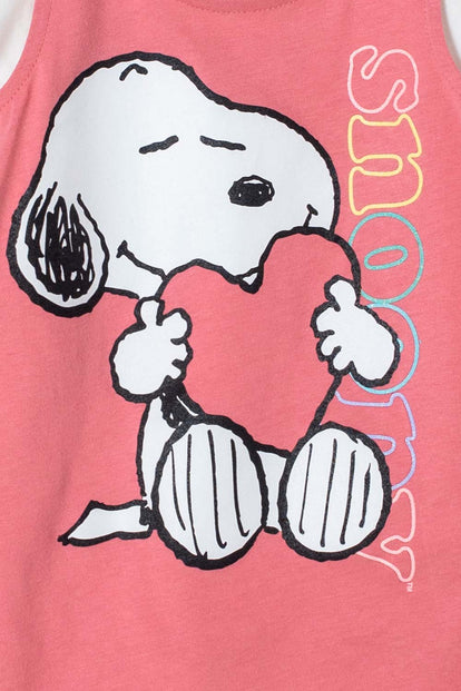 VESTIDO DE SNOOPY DE MANGA CORTA  MARFIL Y ROSADO PARA BEBÉ NIÑA