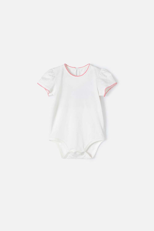 VESTIDO DE SNOOPY DE MANGA CORTA  MARFIL Y ROSADO PARA BEBÉ NIÑA