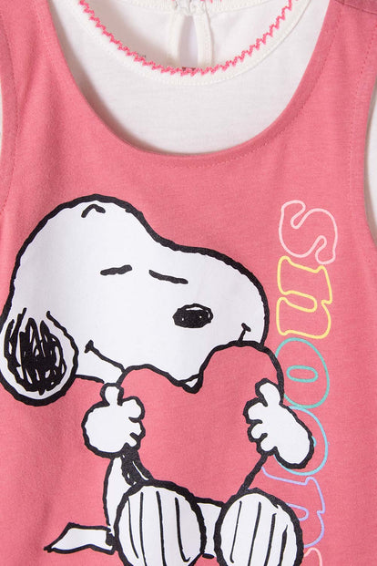 VESTIDO DE SNOOPY DE MANGA CORTA  MARFIL Y ROSADO PARA BEBÉ NIÑA