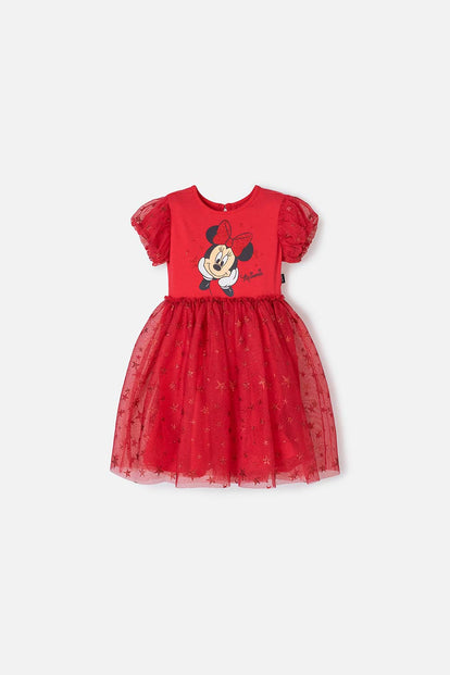 VESTIDO DE MINNIE MOUSE ROJO ESTAMPADO EN FRENTE PARA NIÑA 2T A 5T