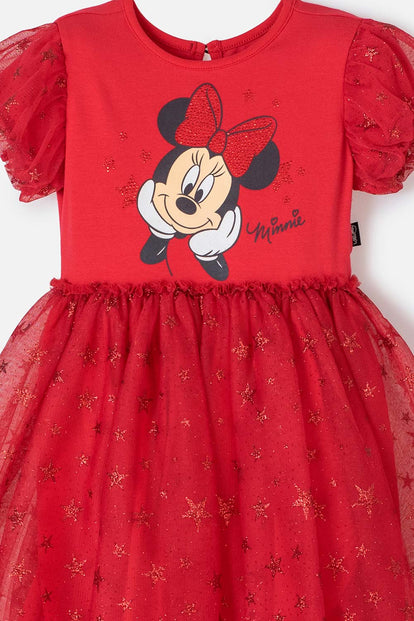 VESTIDO DE MINNIE MOUSE ROJO ESTAMPADO EN FRENTE PARA NIÑA 2T A 5T