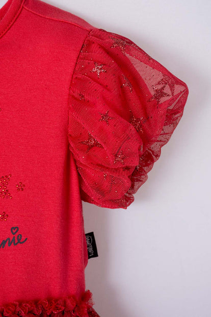 VESTIDO DE MINNIE MOUSE ROJO ESTAMPADO EN FRENTE PARA NIÑA 2T A 5T