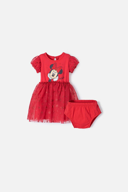  VESTIDO DE MINNIE MOUSE ROJO ESTAMPADO EN FRENTE PARA BEBÉ NIÑA
