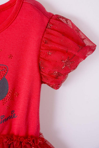 VESTIDO DE MINNIE MOUSE ROJO ESTAMPADO EN FRENTE PARA BEBÉ NIÑA
