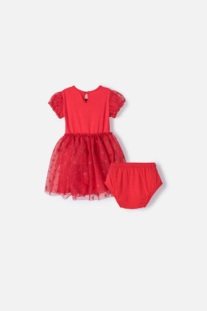 VESTIDO DE MINNIE MOUSE ROJO ESTAMPADO EN FRENTE PARA BEBÉ NIÑA