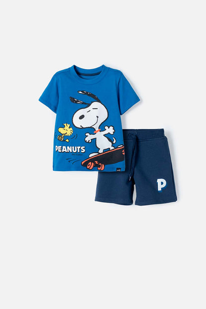 CONJUNTO DE SNOOPY AZUL REY Y AZUL OSCURO CON BERMUDA PARA NIÑO 2T A 5T
