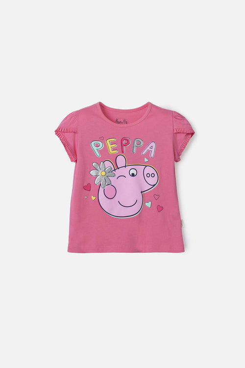 CAMISETA DE PEPPA PIG ROSADA CON ESTAMPADO BRILLANTE PARA NIÑA 2T A 5T