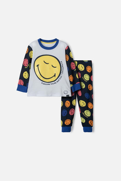 PIJAMA DE SMILEY BLANCA Y AZUL OSCURA DE MANGA LARGA PARA NIÑO 2T A 5T