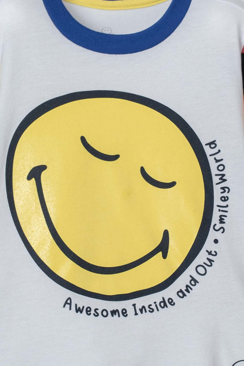 PIJAMA DE SMILEY BLANCA Y AZUL OSCURA DE MANGA LARGA PARA NIÑO 2T A 5T