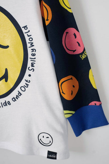 PIJAMA DE SMILEY BLANCA Y AZUL OSCURA DE MANGA LARGA PARA NIÑO 2T A 5T