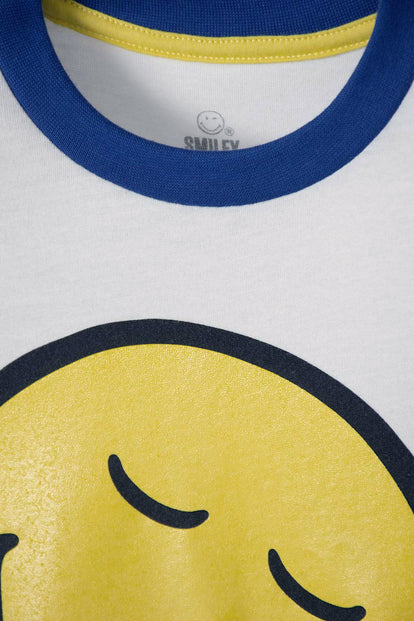 PIJAMA DE SMILEY BLANCA Y AZUL OSCURA DE MANGA LARGA PARA NIÑO 2T A 5T
