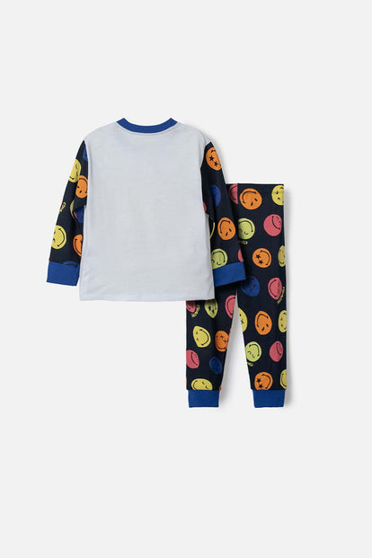 PIJAMA DE SMILEY BLANCA Y AZUL OSCURA DE MANGA LARGA PARA NIÑO 2T A 5T