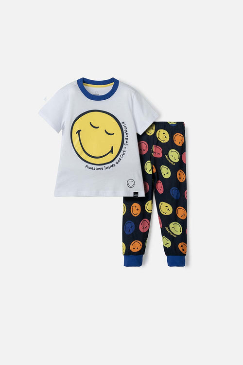Card slide image -  PIJAMA DE SMILEY BLANCA Y AZUL OSCURA DE MANGA CORTA PARA NIÑO 2T A 5T