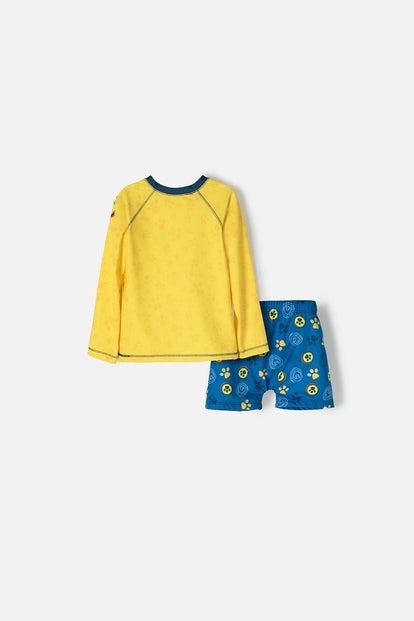 CONJUNTO DE BAÑO DE PAW PATROL AMARILLO Y AZUL MANGA LARGA PARA NIÑO 2T A 5T
