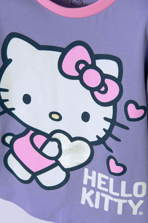 Card slide image -  PIJAMA DE HELLO KITTY MORADA Y ROSADA DE CAMISETA MANGA LARGA PARA NIÑA 2T A 5T