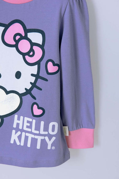 PIJAMA DE HELLO KITTY MORADA Y ROSADA DE CAMISETA MANGA LARGA PARA NIÑA 2T A 5T