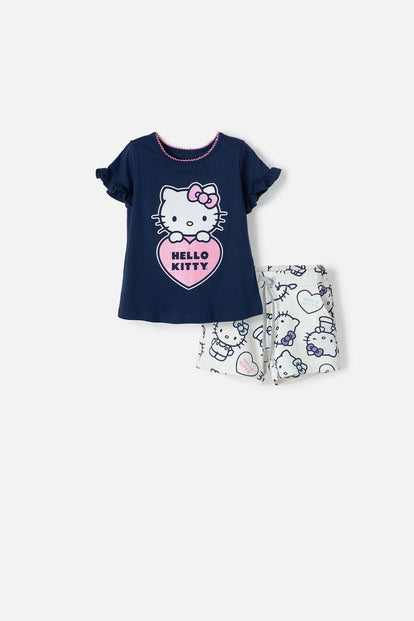  CONJUNTO DE HELLO KITTY CON SHORT AZUL Y MARFIL PARA NIÑA 2T A 5T