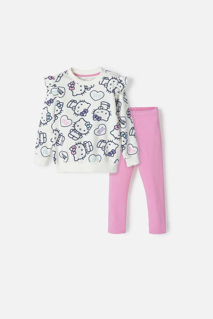 CONJUNTO DE HELLO KITTY CON PANTALÓN LARGO ROSADO Y MARFIL PARA NIÑA 2T A 5T