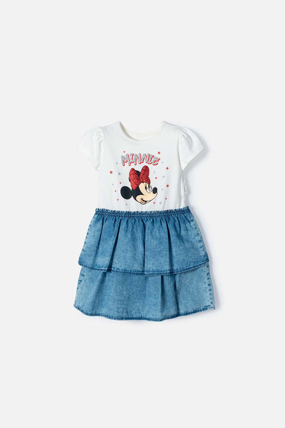VESTIDO DE MINNIE MOUSE MARFIL Y AZUL DE FALDA CON BOLEROS PARA NIÑA 2T A 5T