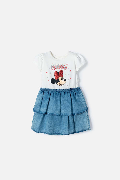 VESTIDO DE MINNIE MOUSE MARFIL Y AZUL DE FALDA CON BOLEROS PARA NIÑA 2T A 5T