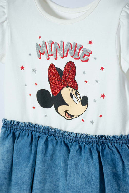 VESTIDO DE MINNIE MOUSE MARFIL Y AZUL DE FALDA CON BOLEROS PARA NIÑA 2T A 5T