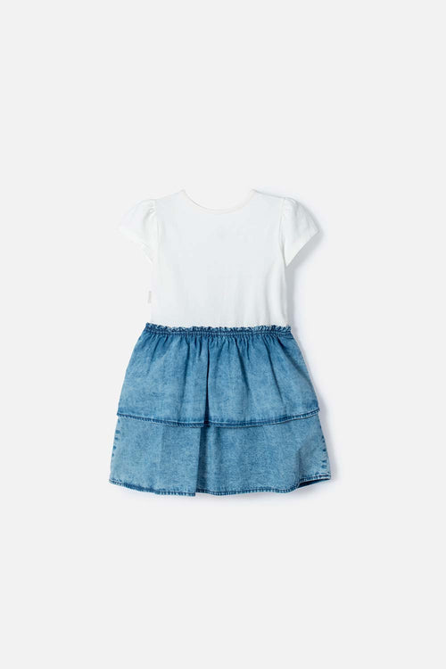 VESTIDO DE MINNIE MOUSE MARFIL Y AZUL DE FALDA CON BOLEROS PARA NIÑA 2T A 5T