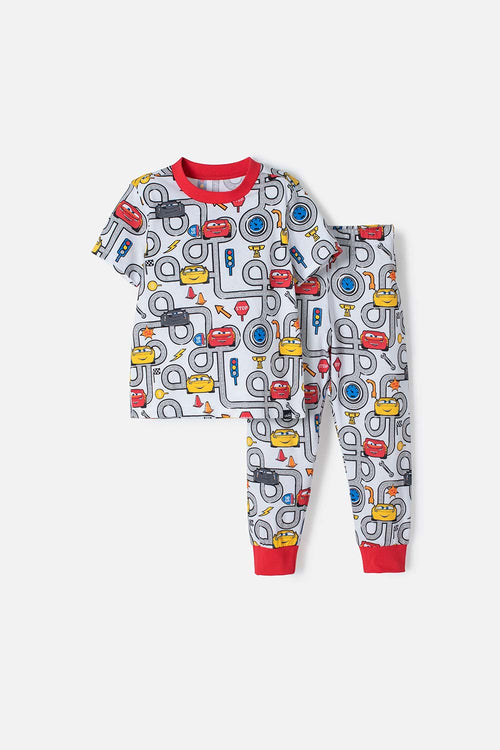 Card slide image -  PIJAMA DE CARS CON PANTALÓN LARGO BLANCO Y ROJO PARA NIÑO 2T A 5T