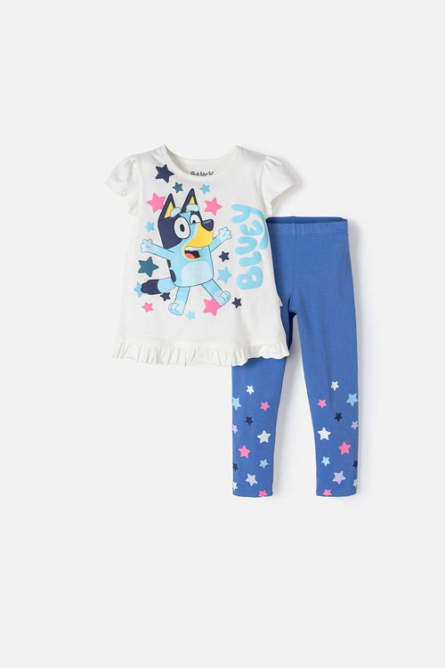 CONJUNTO DE BLUEY MARFIL Y AZUL DE LEGGINS PARA NIÑA 2T A 5T