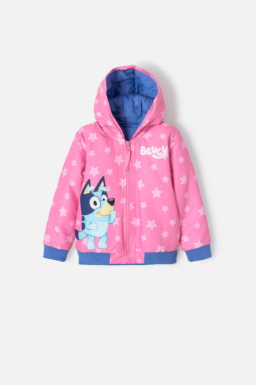 Card slide image -  CHAQUETA DE BLUEY ROSADA Y AZUL CON CAPUCHA PARA NIÑA 2T A 6T