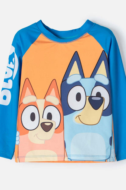 CONJUNTO DE BAÑO DE BLUEY AZUL Y NARANJA MANGA LARGA PARA NIÑO 2T A 6T