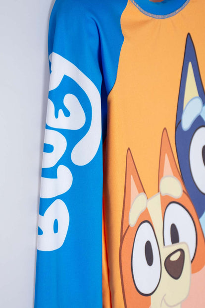 CONJUNTO DE BAÑO DE BLUEY AZUL Y NARANJA MANGA LARGA PARA NIÑO 2T A 6T