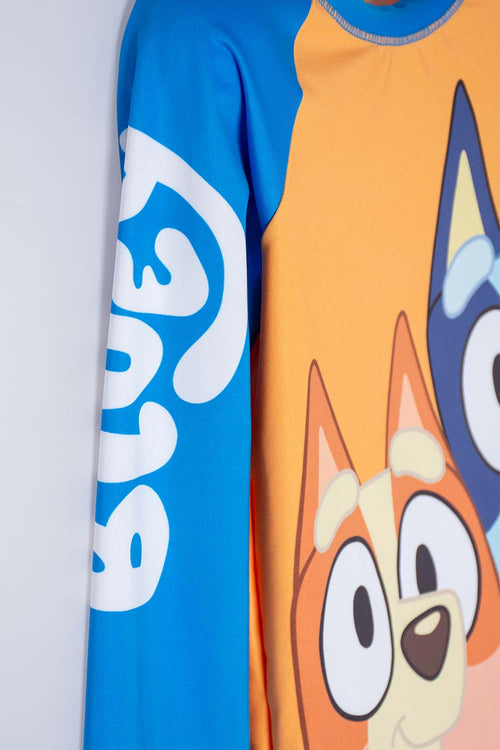Card slide image -  CONJUNTO DE BAÑO DE BLUEY AZUL Y NARANJA MANGA LARGA PARA NIÑO 2T A 6T