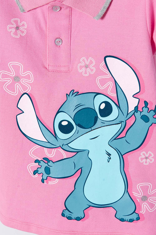 Card slide image -  CAMISETA TIPO POLO DE STITCH ROSADA CON ESTAMPADO PARA NIÑA 2T A 5T