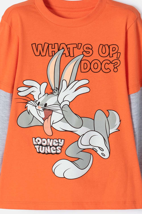 Card slide image -  CAMISETA DE BUGS BUNNY NARANJA Y GRIS MANGA LARGA PARA NIÑO 2T A 5T